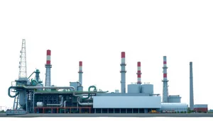Industrial waterfront city skyline with gas pollution