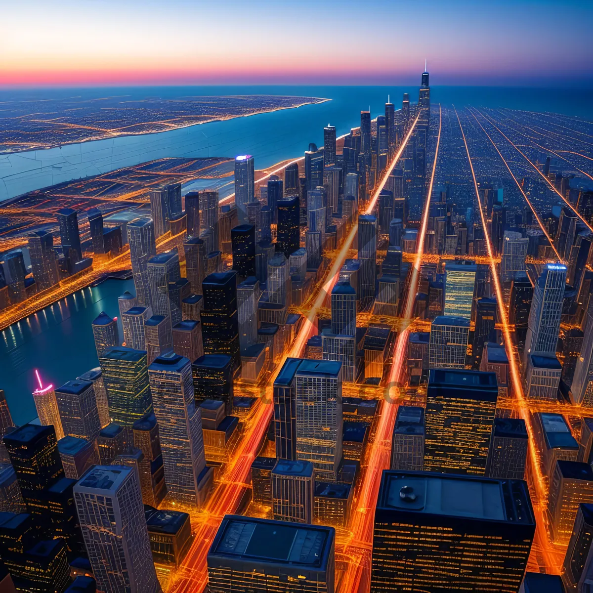 Picture of Urban Night Skyline with Towering Skyscrapers and River