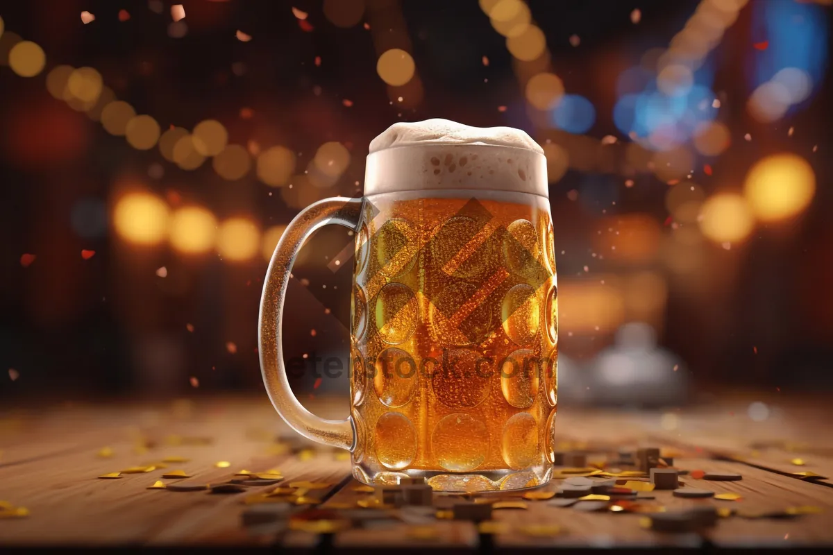 Picture of Cold beer in yellow glass mug with foam bubbles