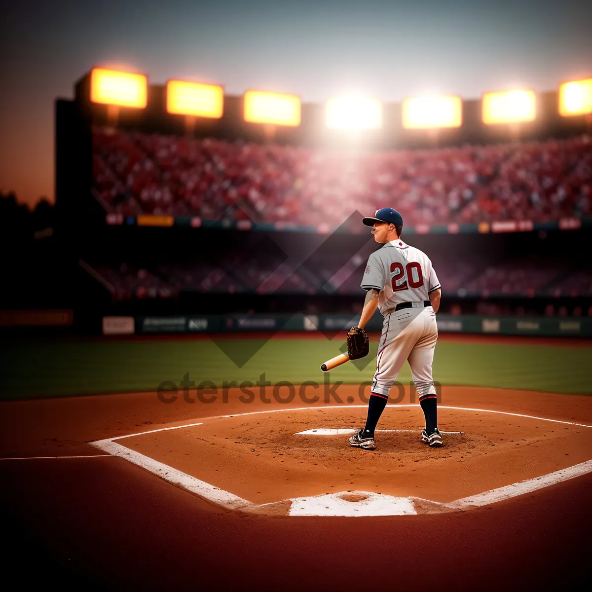 Picture of Nighttime baseball match with patriotic flag-waving crowd