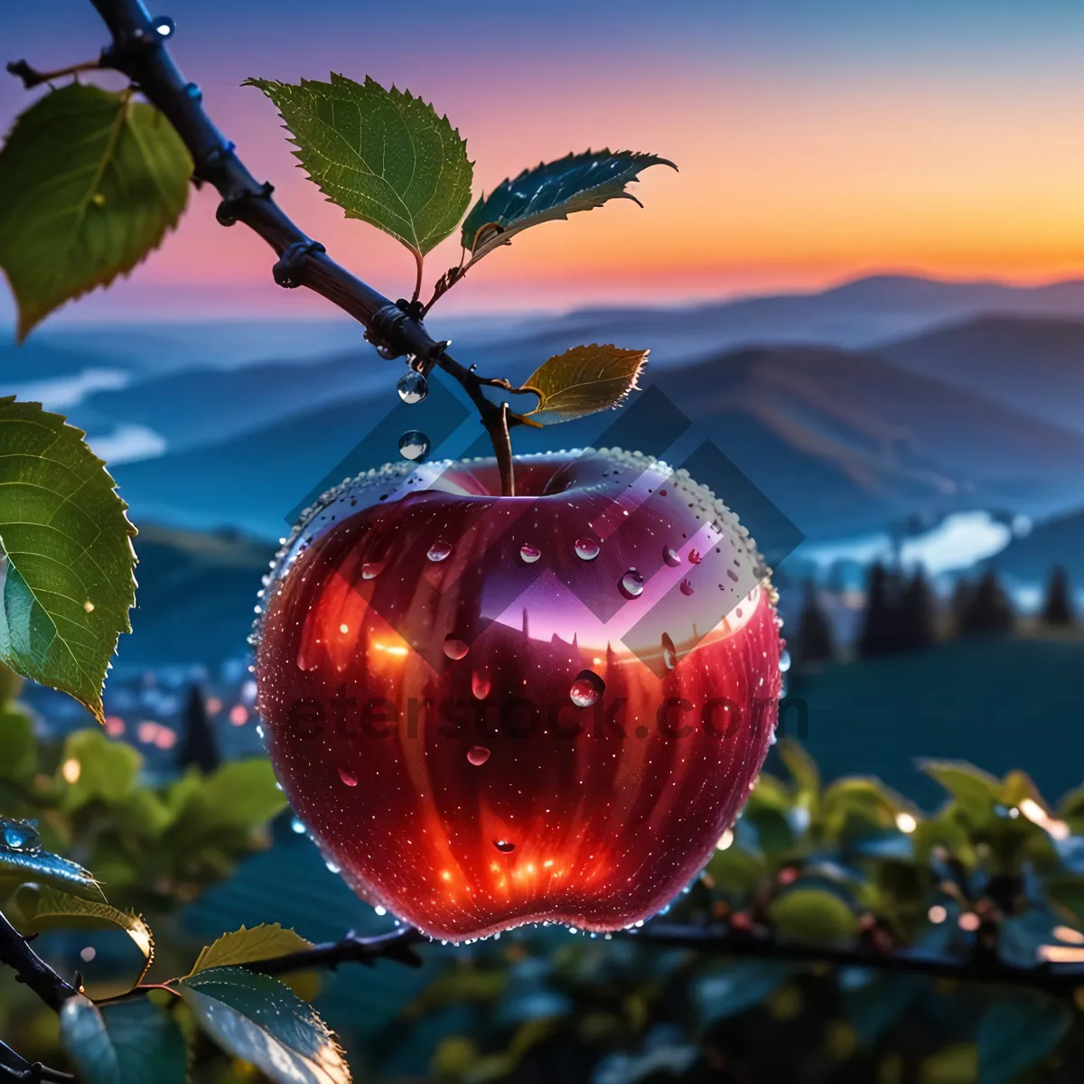 Picture of Fresh Christmas Apple Decorations on Branch