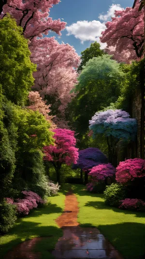 Colorful Autumn Park Landscape with Rhododendron Flowers