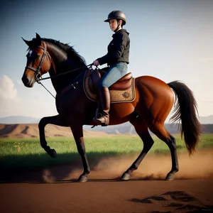 Stallion in Equestrian Sport Harness"
or
"Thoroughbred Stallion in Horseback Riding Gear