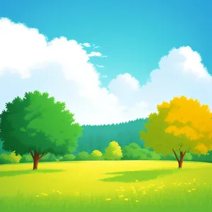 Vibrant countryside meadow with oak tree and clear blue sky