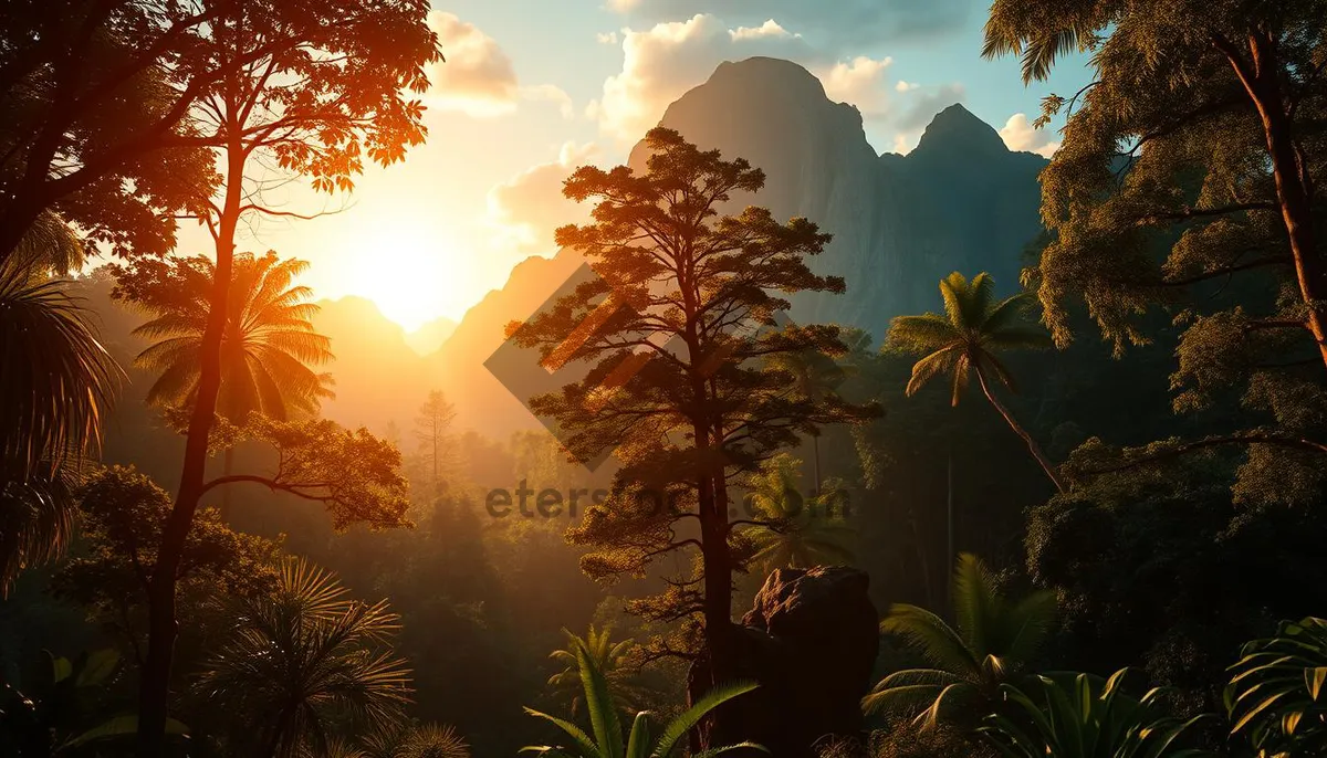Picture of Orange sunset over tropical beach with palm trees.