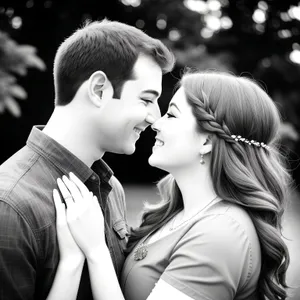 Happy couple in the park smiling together closely