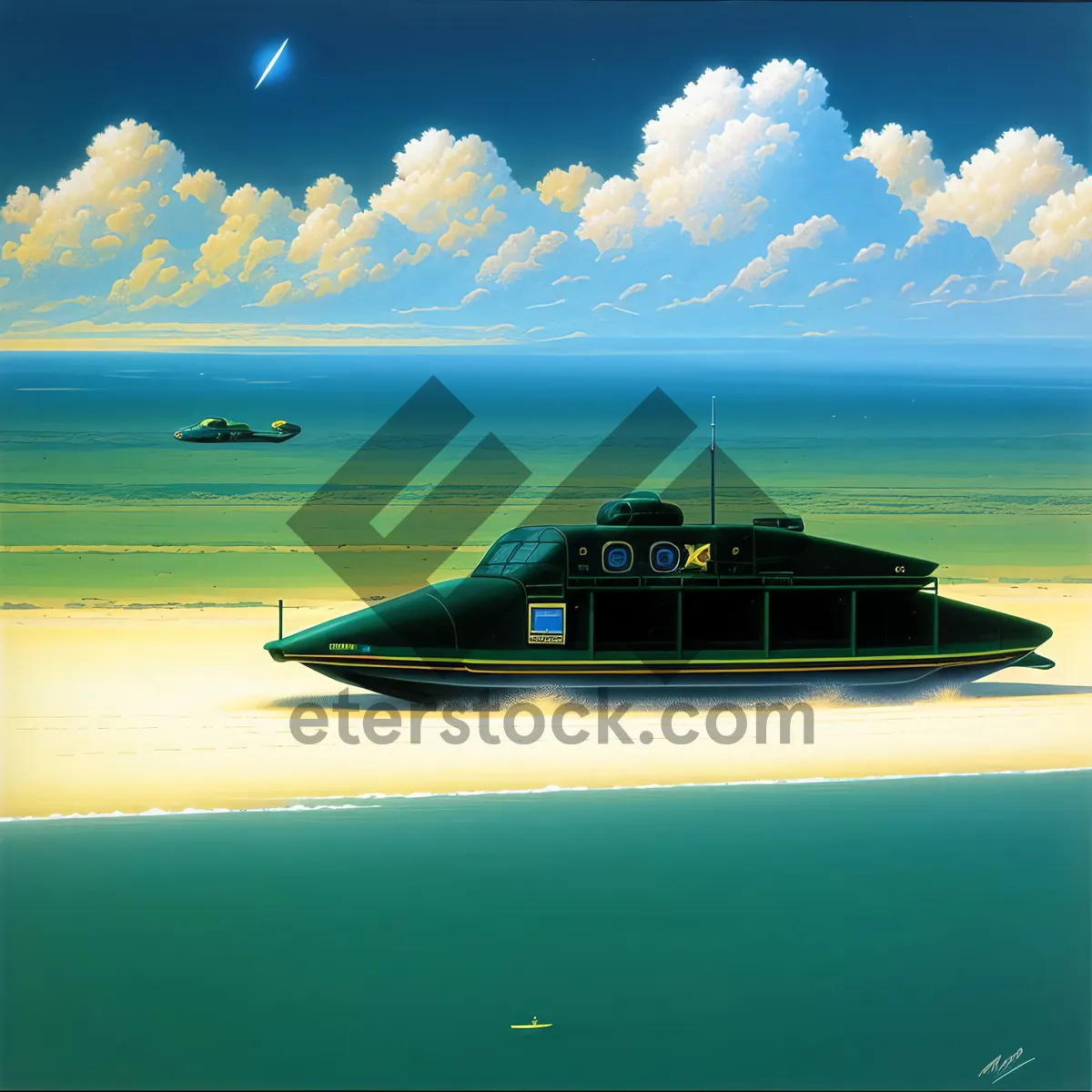 Picture of Hovercraft gliding over tranquil sunset beach