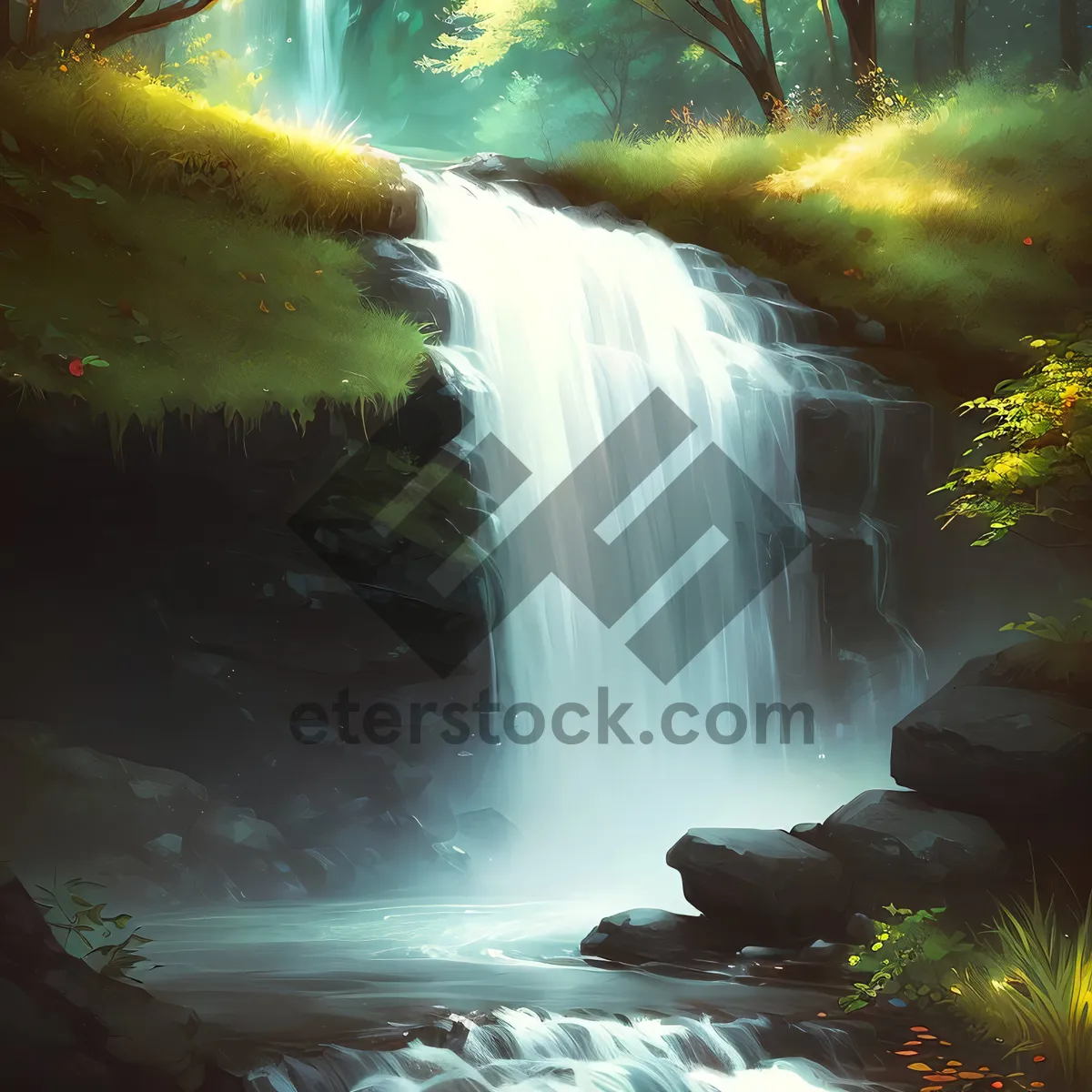 Picture of Serene Mountain Waterfall amidst Lush Forest