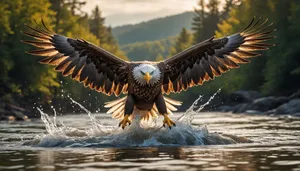 Bald Eagle Soaring Over Water With Intense Stare