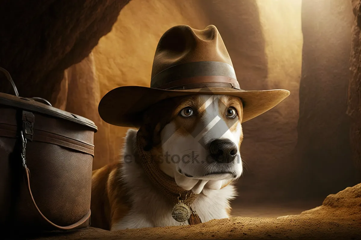 Picture of Portrait of cute corgi terrier puppy with hat