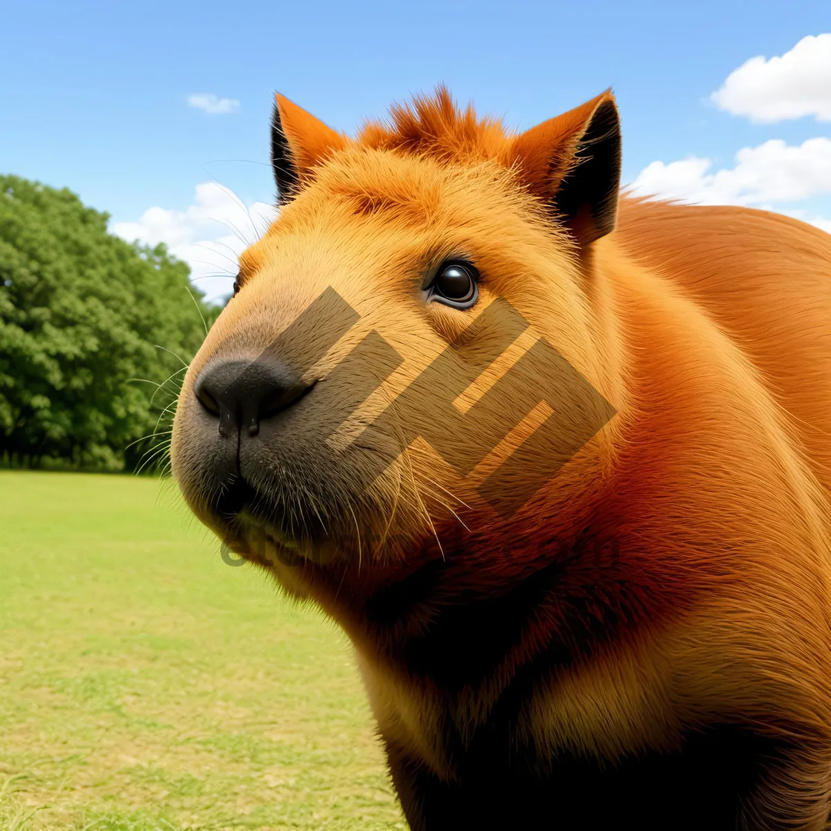 Picture of Serenity in the Rural Pasture: Majestic Brown Stallion