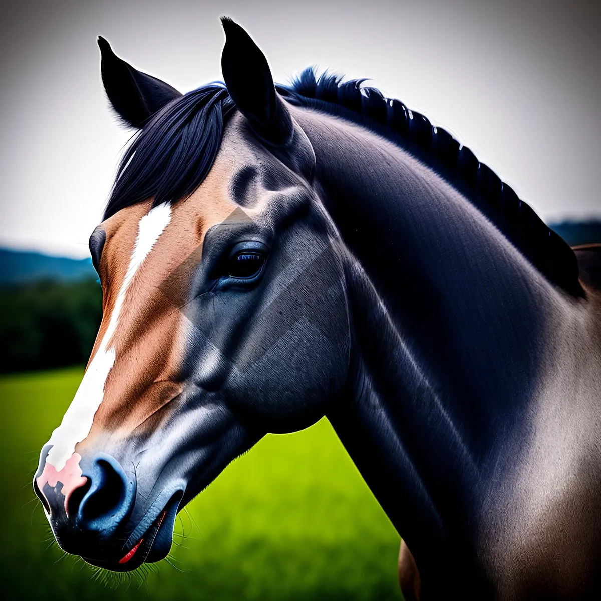 Picture of Majestic Thoroughbred Stallion Grazing in Meadow