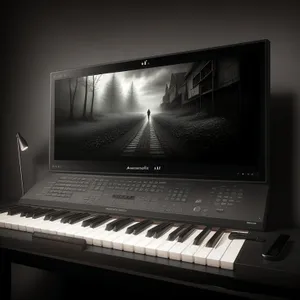 Digital workspace: Notebook, piano, computer, and keyboard.