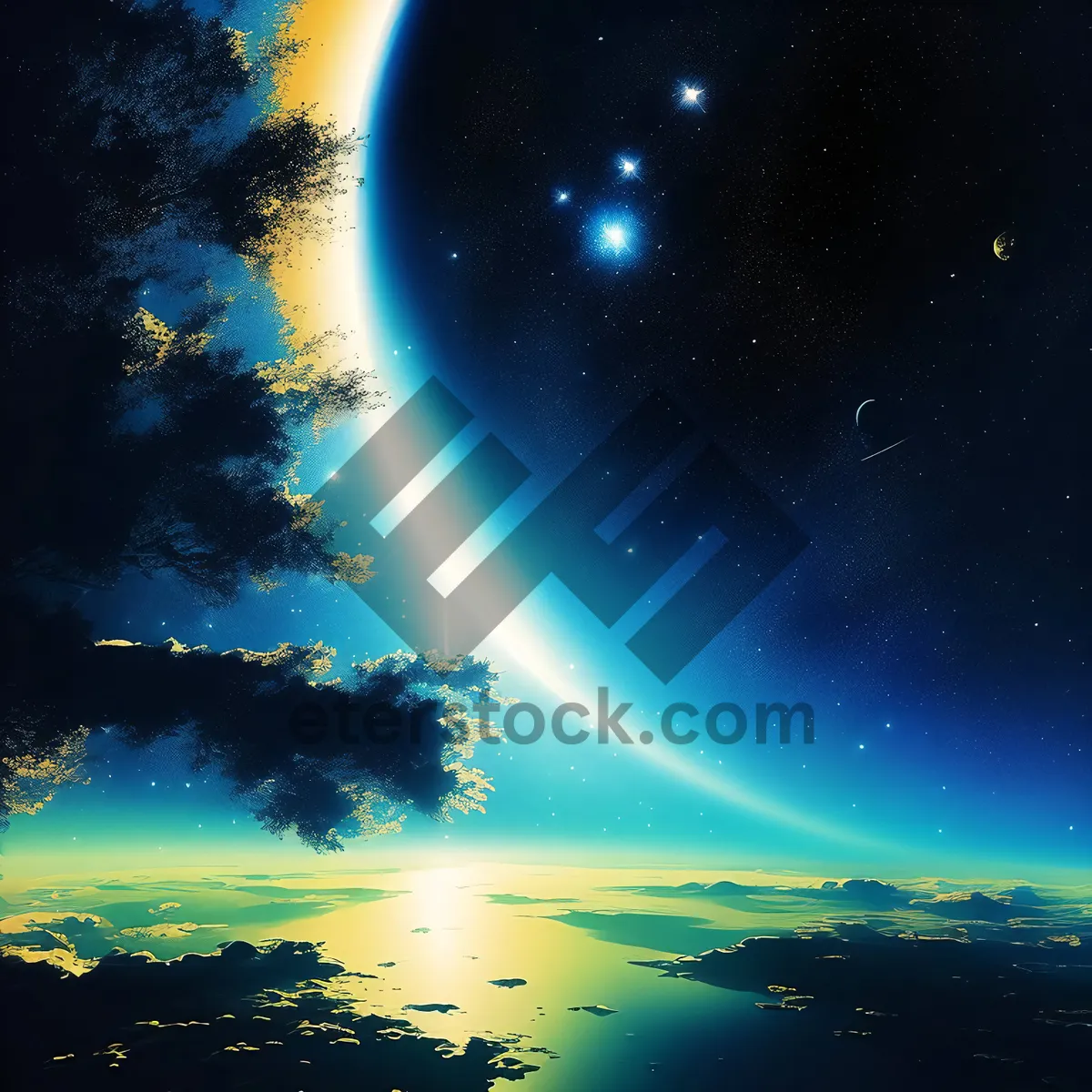 Picture of Galactic Night Sky with Bright Stars and Moon Glow