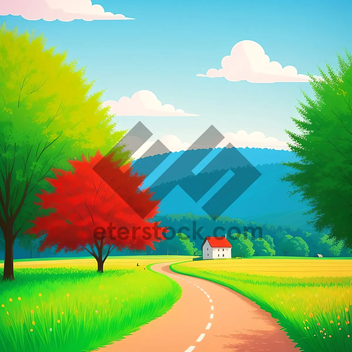 Picture of Vibrant Summer Countryside Landscape with Clear Blue Sky