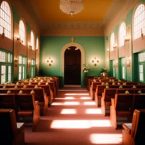 Modern interior with wooden furniture in a light-filled hall