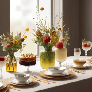 Luxury dining table setting with floral bouquet and glassware.