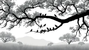 Silhouette of oak tree branches against sunset sky.