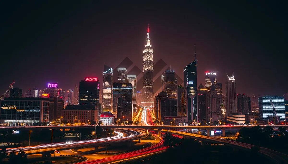 Picture of Modern business office building at night with city lights