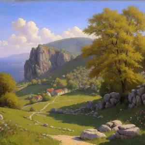 Idyllic Rural Landscape with Mountains and Stone Wall