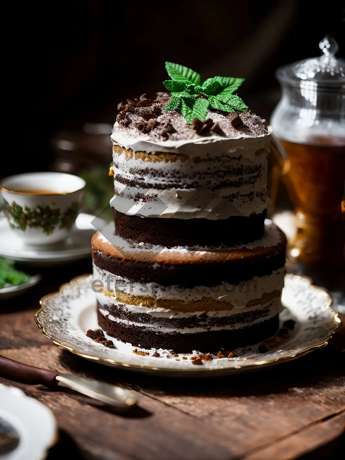 Picture of Sweet Cake on a Plate with a Cup of Tea