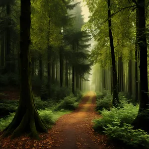 Serene Woods: Sunlit Path through Autumn Foliage