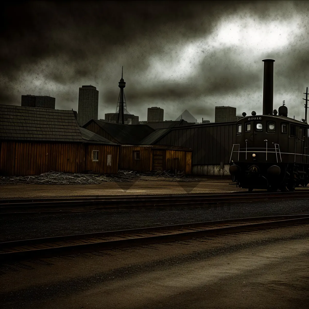 Picture of Nighttime Cityscape with Freight Car Crossing River Under Skyline