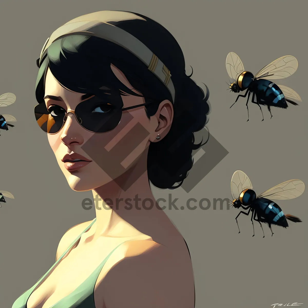 Picture of Fashionable person posing in black sunglasses with fly spectacles.