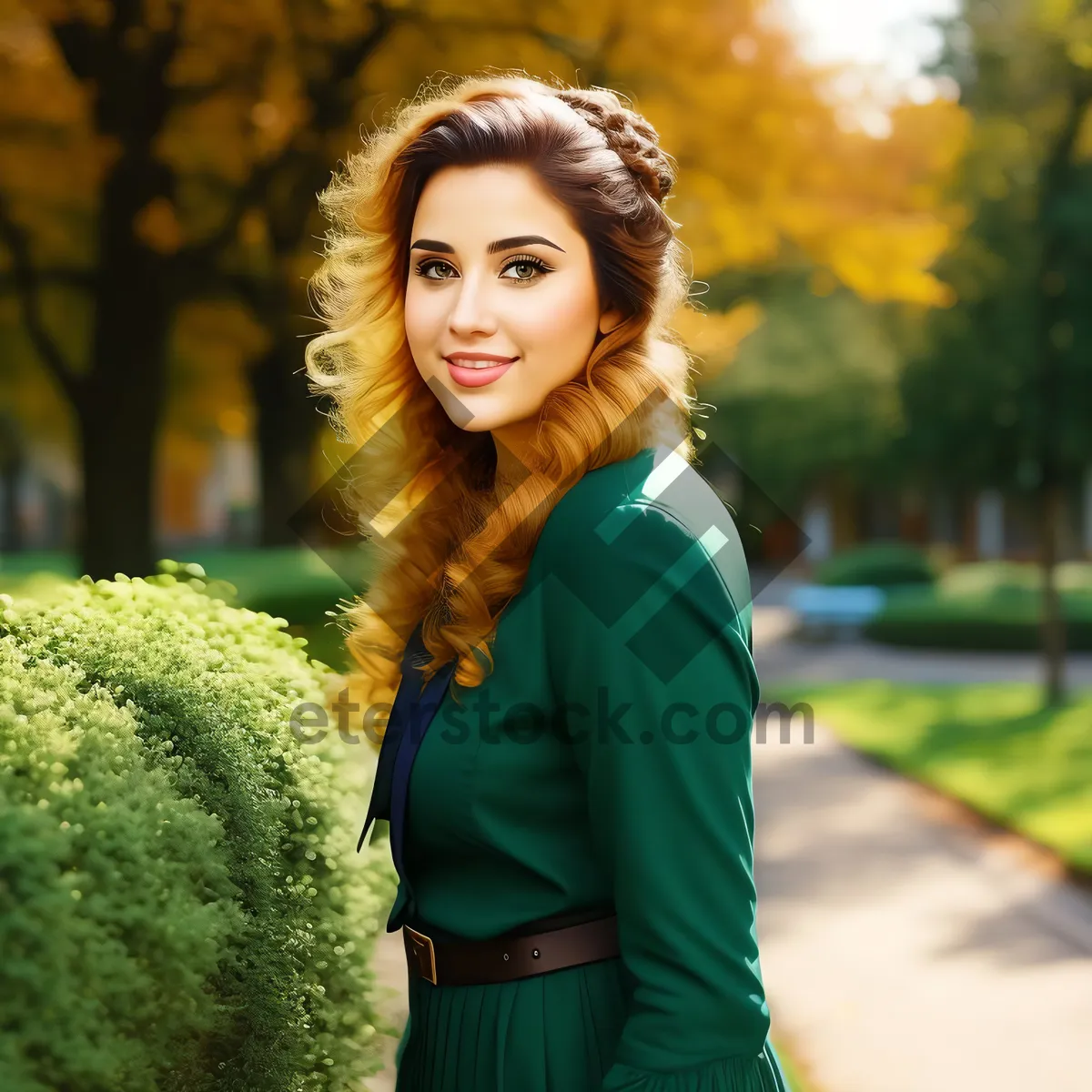 Picture of Smiling university student posing in a casual summer outfit at the park