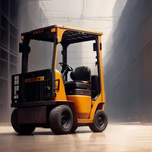 Heavy-duty forklift truck in industrial warehouse.