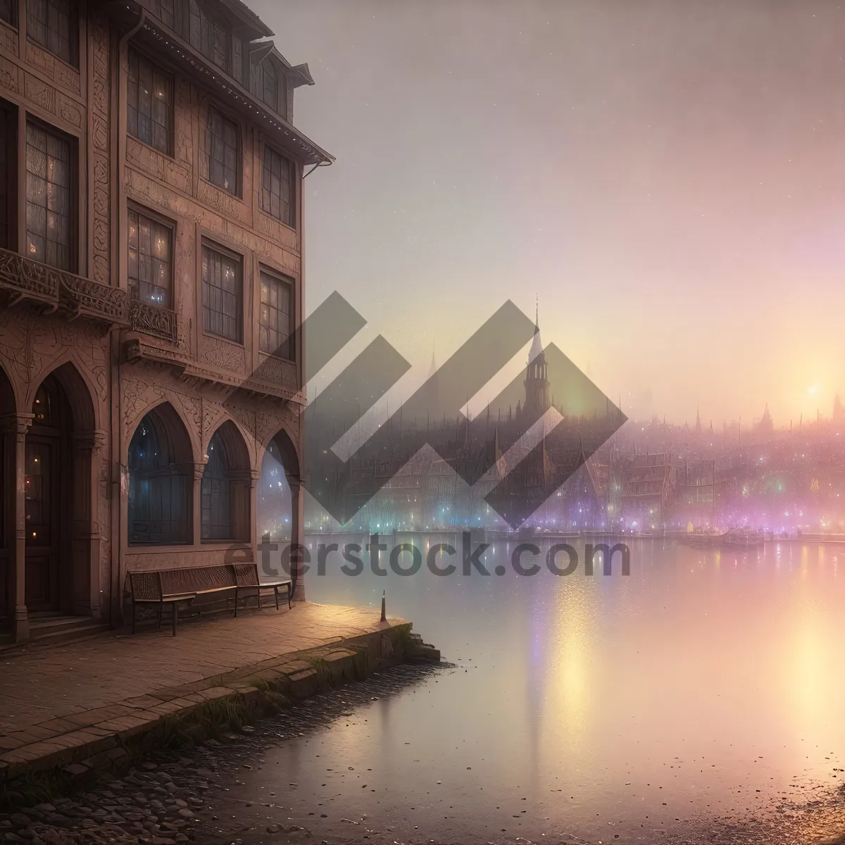 Picture of Historic Cityscape by the River: Night View with Tower