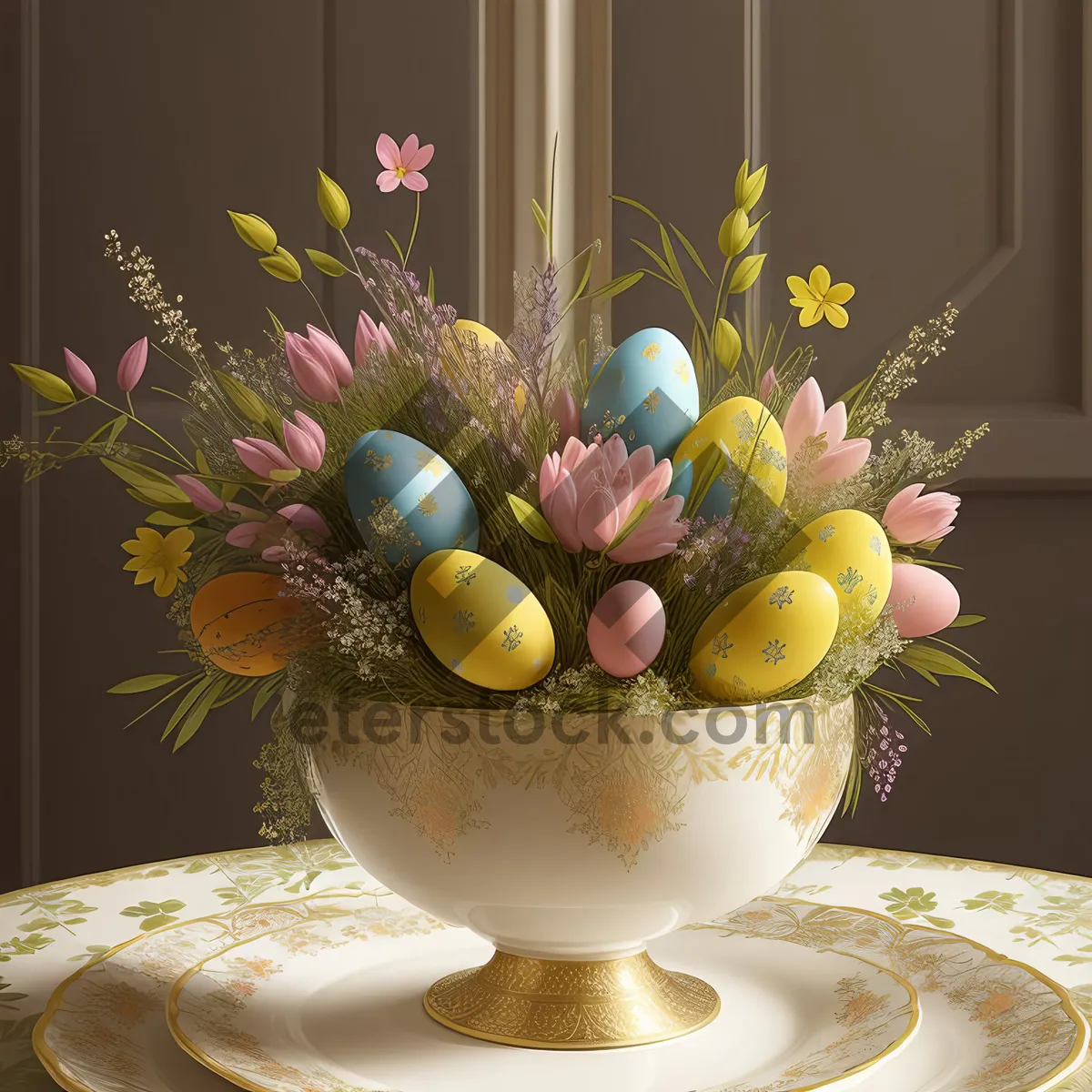 Picture of Exquisite china tea set with flowers and candle