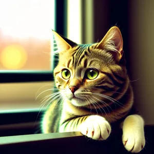 Furry Whiskered Tabby Cat Looking Out Window