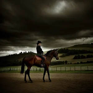 Brown Stallion Riding with Stock Saddle