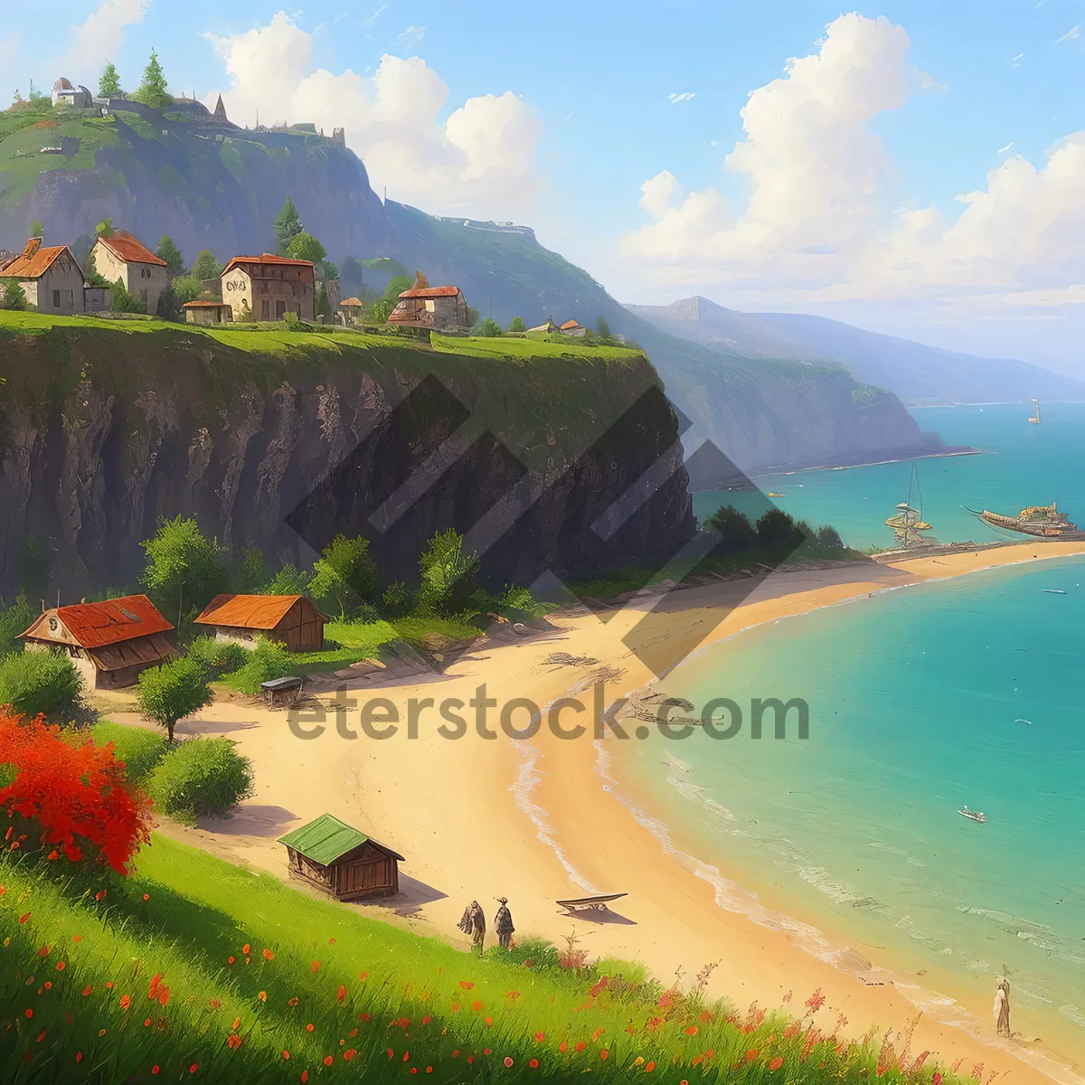 Picture of Tropical island paradise: beach, sun, sea, waves.