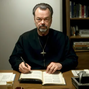Happy businessman working on laptop in office setting