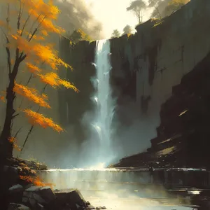 Fiery Cascades: A Spectacular Waterfall Amidst Mountainous Terrain