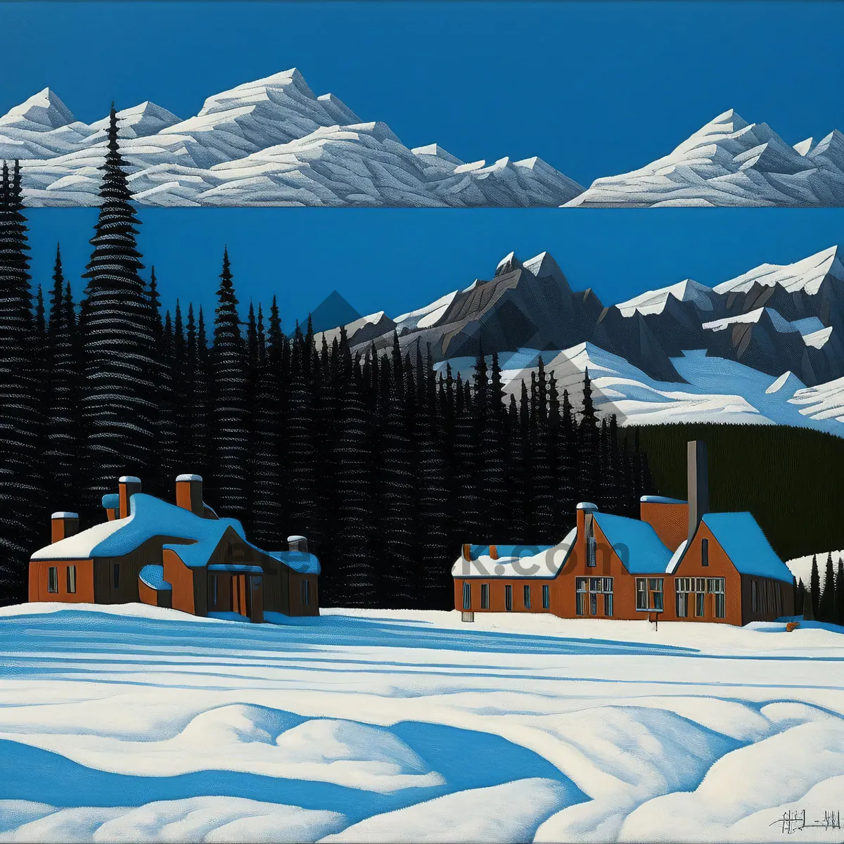 Picture of Alpine winter landscape with snowy mountains and forest.