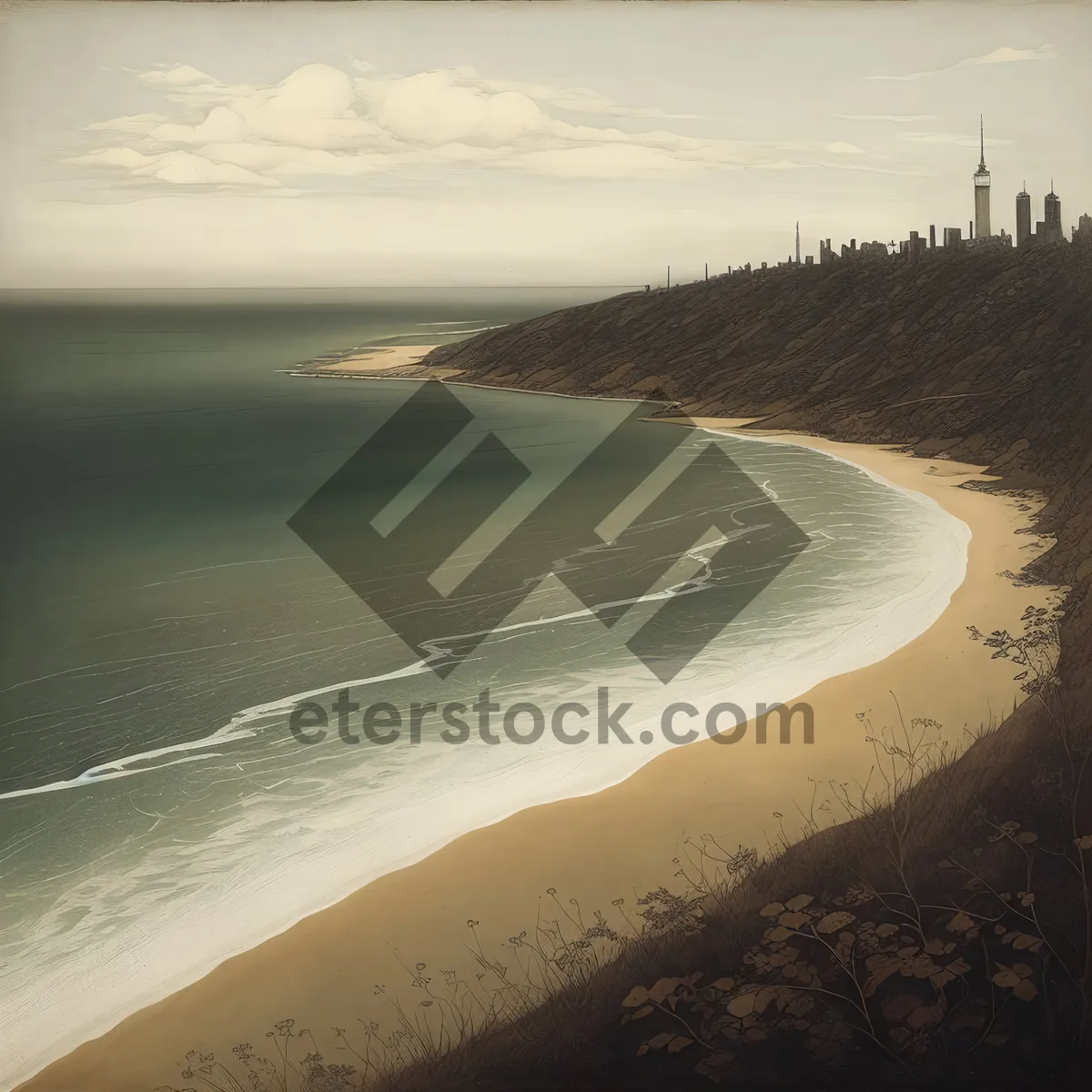 Picture of Serene Coastal Horizon with Majestic Mountains