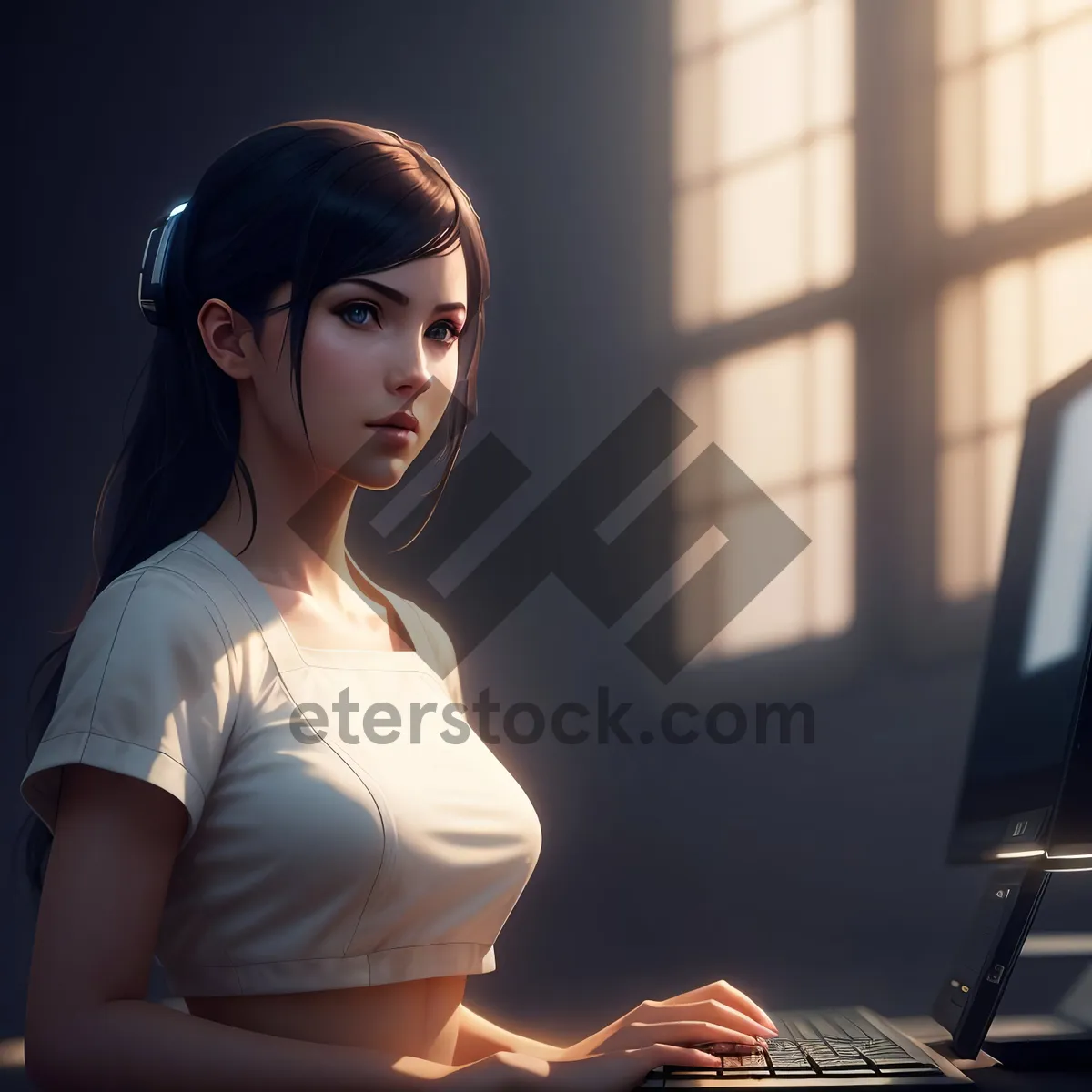 Picture of Smiling businesswoman working on laptop at office desk