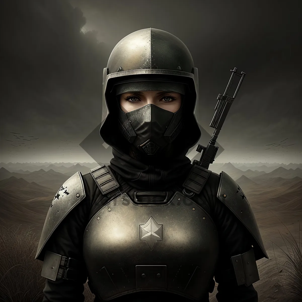 Picture of Armored Male Soldier with Helmet and Shield