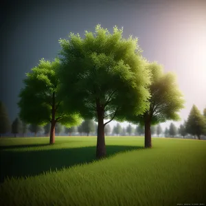 Serene Forest Landscape with Oak Trees and Sunny Sky