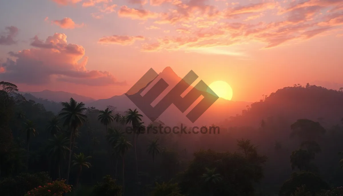 Picture of Orange Sunset Silhouette over Mountain Landscape