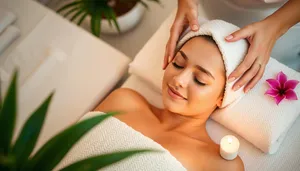 Smiling brunette woman relaxing at a resort spa.