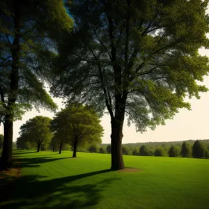 Vibrant Golf Course with Majestic Trees and Scenic Sky