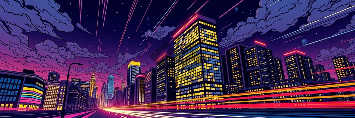 Picture of Modern city skyline at night with glowing neon lights