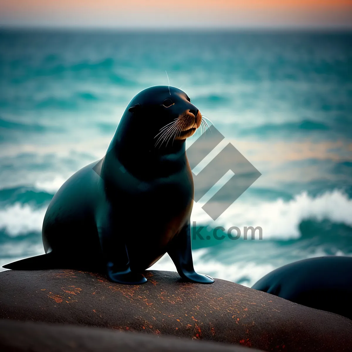 Picture of Majestic King Penguin and Playful Sea Lion by the Ocean