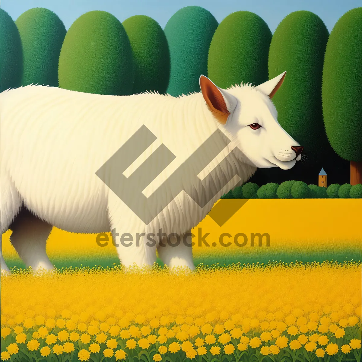 Picture of Adorable white lamb on spring farm meadow