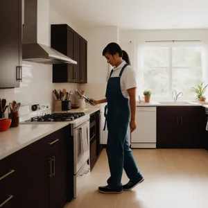 Modern luxury kitchen interior with white appliances and wood accents.