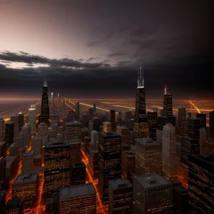 Urban Skyline at Sunset: Modern Cityscape with Skyscrapers